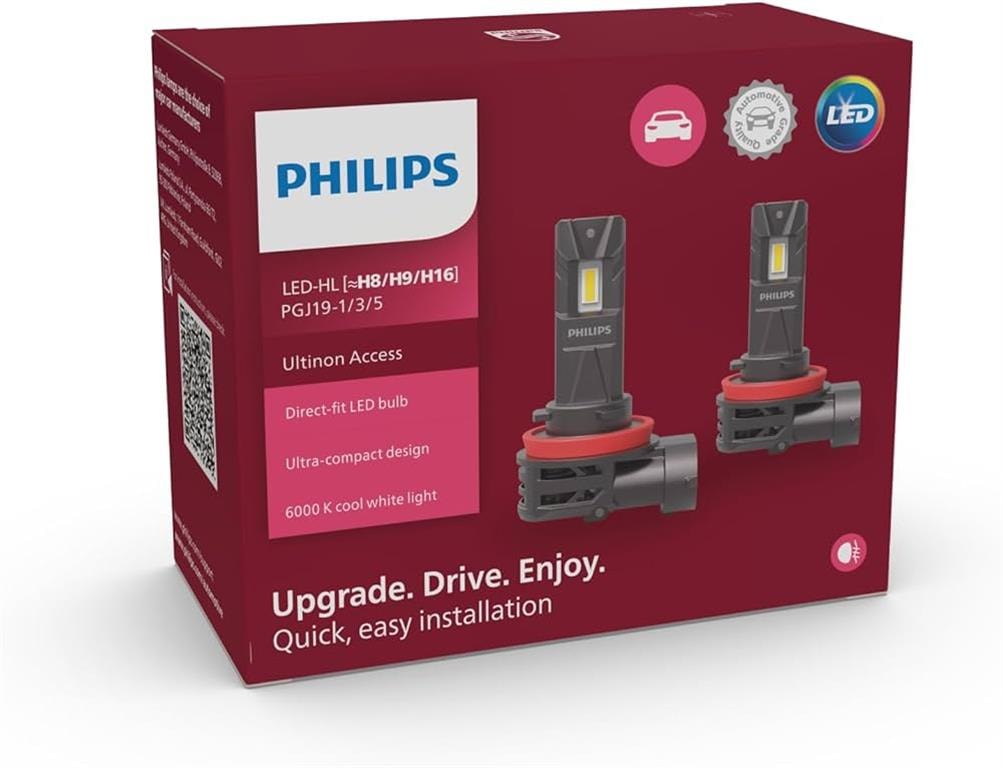 Philips Ultinon LED Per Mjegull H8, H9, H16 12V 20W 6000 K +80% SET 